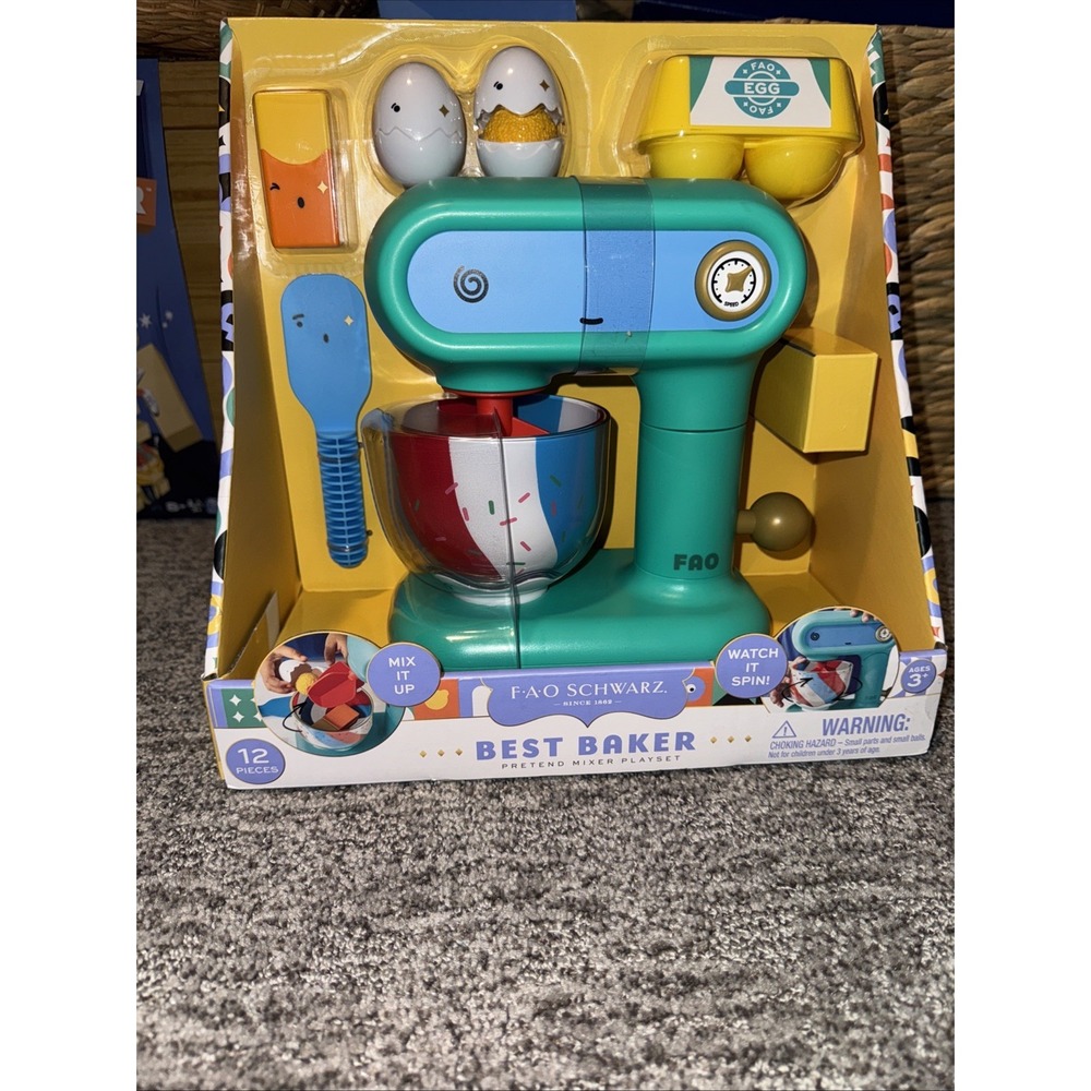 FAO Schwarz Best Baker Pretend Spinning Mixer-12pc Kitchen Playset Seal NIB🥚🥣
